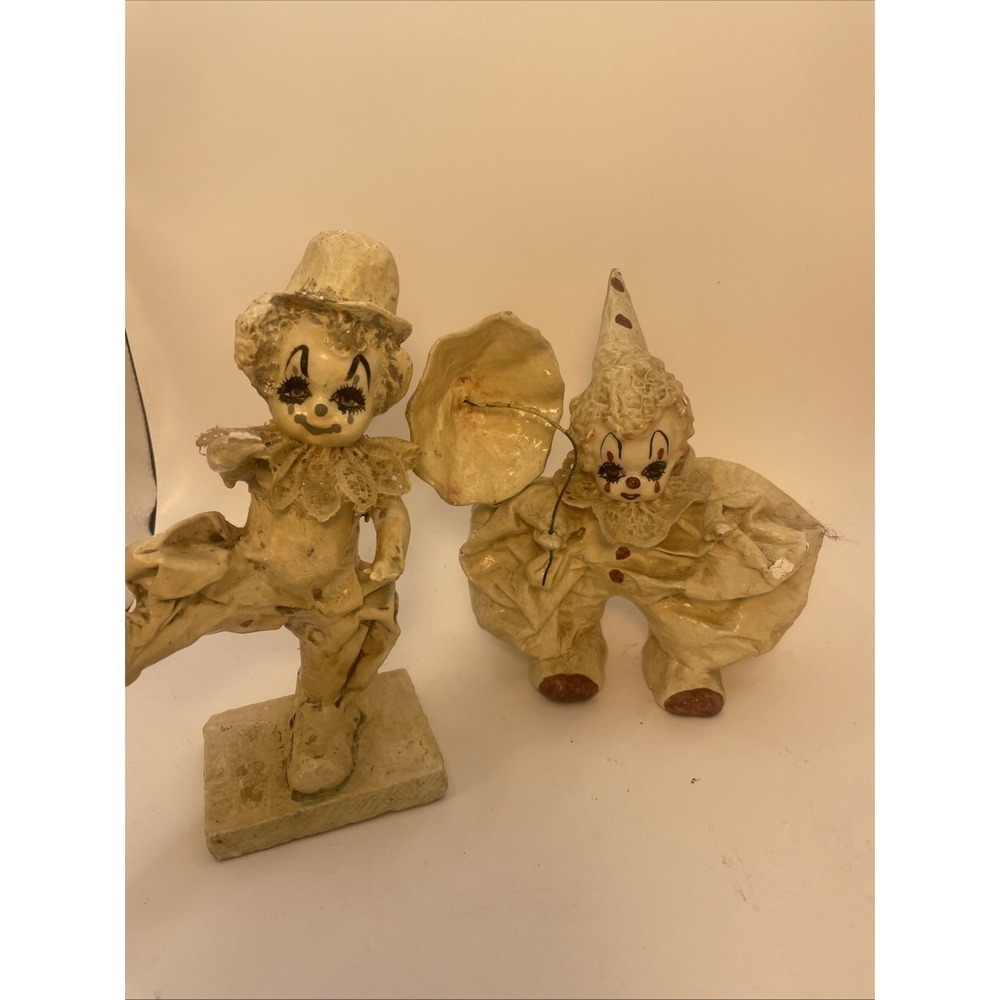Mexican VTG 70s Art Paper Mache Clown‎ Set of 2 Clown Figurines 7"